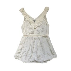 Ecote 109% Silk Belted Cream Off-White Ivory Double V-Neck Blouse Semi-Sheer